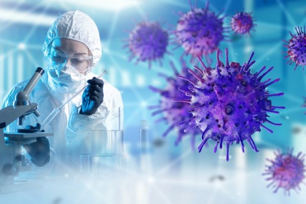 Woman,Infectious,Disease,Specialist.,Doctor,Virologist,With,Microscope.,Virus,Molecules